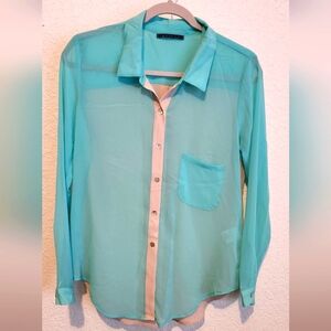 VELVET size Small tan and teal blouse